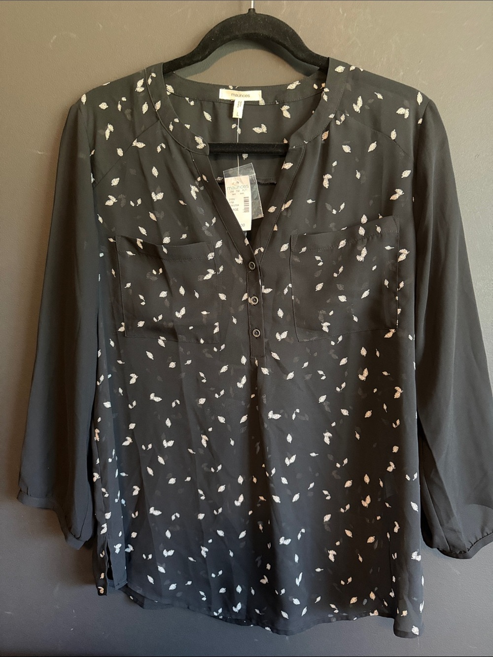 Maurice’s Sheer Black Leaf Printed Long-Sleeve Blouse - NWT. Size Large.